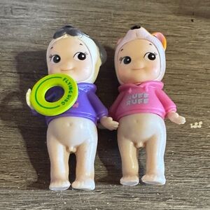 Set of Two Kids Hooded Doll Figures in Purple and Pink